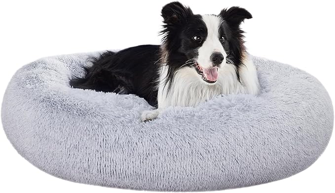 Amazon Basics Donut Pet Bolster Faux Fur Bed for Dog, Grey, 36" x 36"