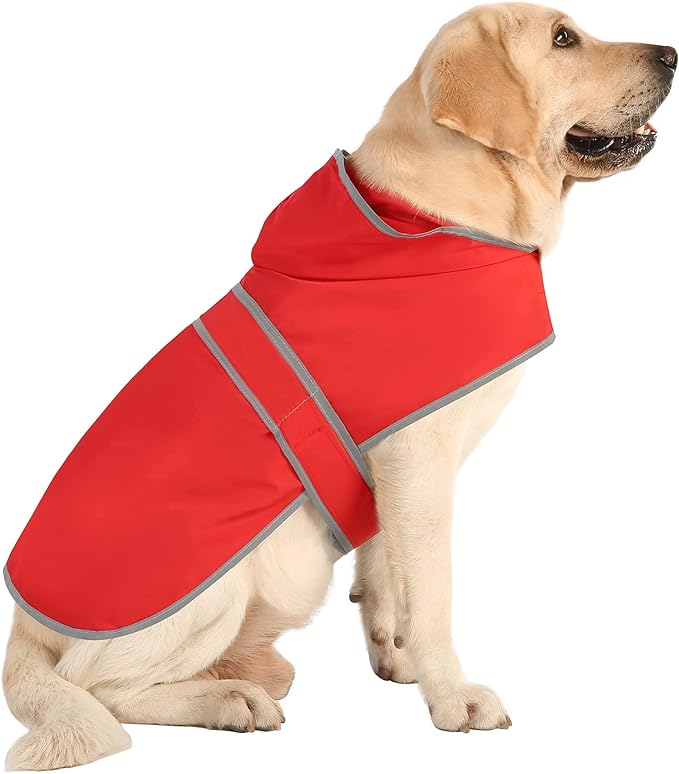 Dog Raincoat for Medium Dogs Waterproof Hooded Rain Jacket with Reflective Strips Leash Hole & Poncho Adjustable Fit (Red,L)