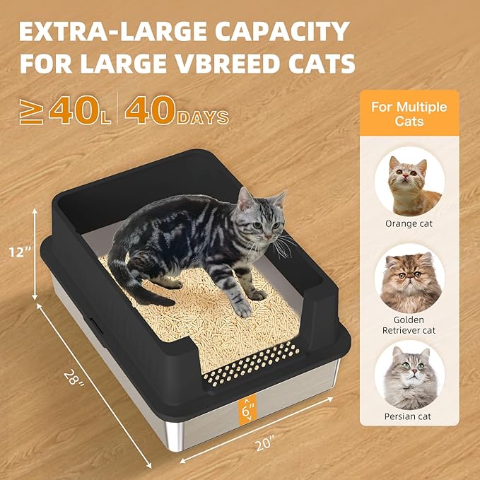Stainless Steel Litter Box - 28" Extra Large XXXL Cat Litter Box with High Sides, Non-Sticky & Anti-Leakage for Big Cats/Multiple Cats, Includes Heavy Duty Metal Scoop (Black)