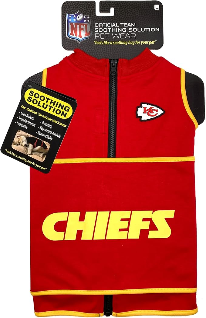 NFL Kansas City Chiefs Dog Anxiety Shirt Calming Soothing Solution Vest, for Dogs/Cats with Anxiety, Fears, Fireworks, Loud Noises, Dark, Lonely Keeps Dogs Calm Feeling Safe, Relaxing Jacket, Medium