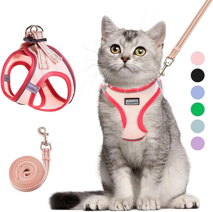 Cat Harness and Leash Set, Soft and Breathable Vest with Reflective Strip, Escape Proof Kitten Harness, Easy to Wear for Cats Walking and Traveling (Pink, L)
