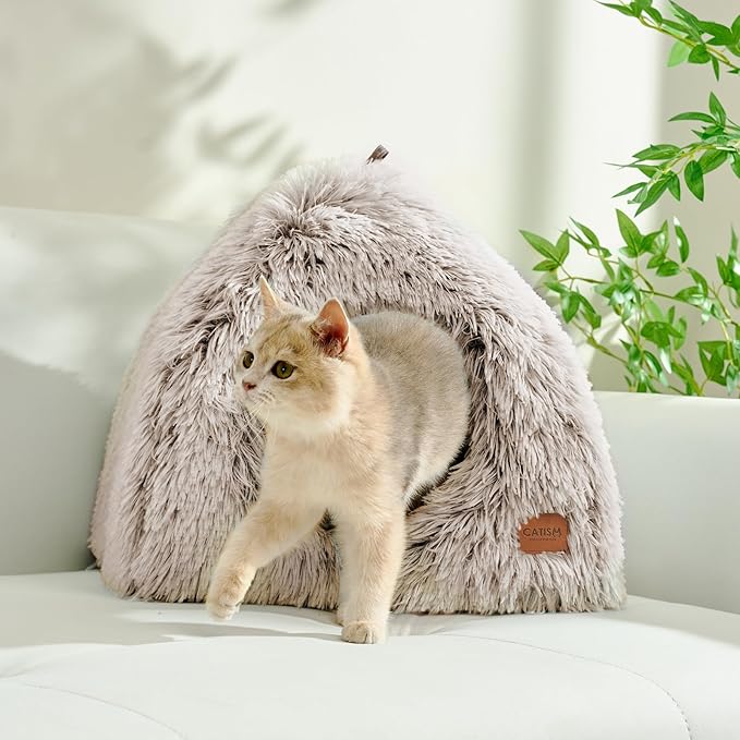 CATISM Cat Bed, Cat Cave for Indoor Cats, Soft Cat Dome, Self-Warming 2 in 1 Foldable Pet Cat House with Washable Cushioned Pillow Calming Fluffy Dog Beds for Small Dogs with Anti-Slip Bottom Brown