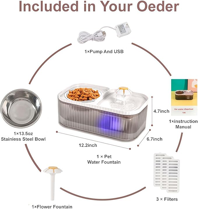 Marchul Cat Water Fountain and Stainless Steel Food Bowl, 100oz/3L Super Quiet Automatic Pet Water Dispenser with Smart Pump and 3 Replacement Filters for Cats and Small Dogs, White