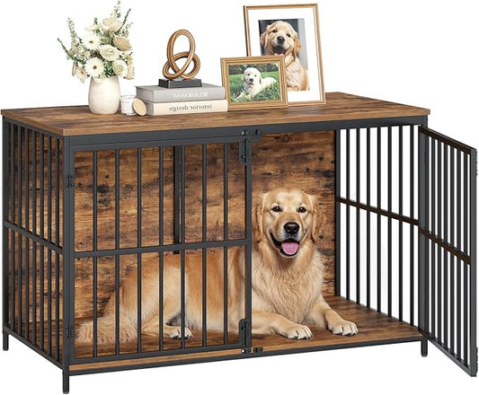 HOOBRO 46.5" Large Dog Crate Furniture, Wooden Dog Kennel Indoor, Heavy Duty Dog Cage for Large/Medium Dog, Decorative Side End Table, Rustic Brown and Black BF120GW03