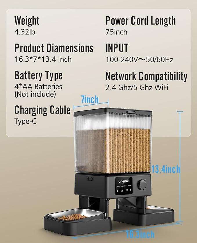 oneisall Automatic Cat Feeder with 5G WiFi, Automatic Cat Food Dispenser for 2 Cats Small Pets, 20 Cups/5L Timed Dry Food Dispenser with APP Control