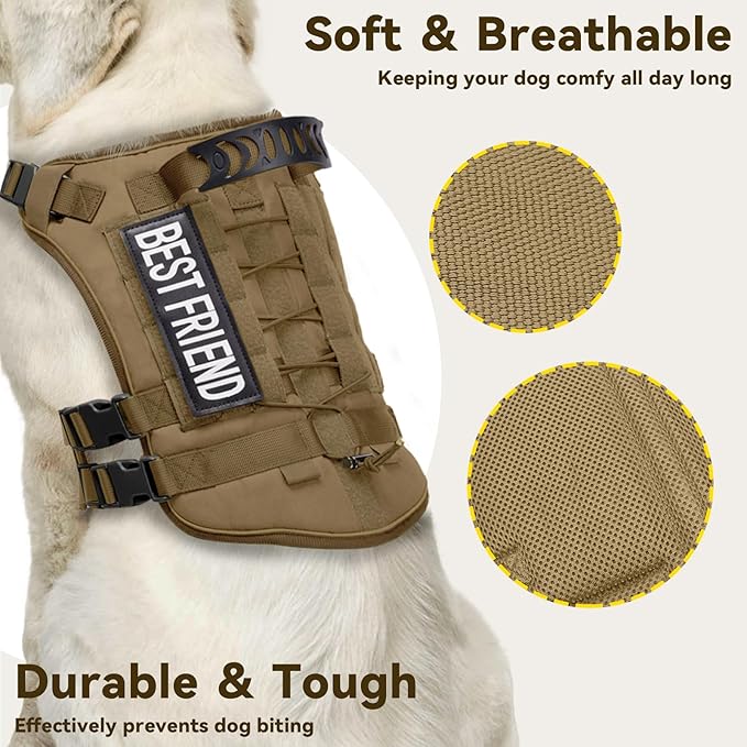 Tactical Dog Harness for Large Dogs,No Pull Adjustable Tactical Dog Harness and Leash Set,Reflective Dog Vest Harness for Training and Walking,Brown L