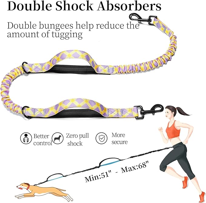 iYoShop Hands Free Dog Leash with Zipper Pouch, Dual Padded Handles and Durable Bungee for Walking, Jogging and Running Your Dog (Purple-Yellow Mix, Large)