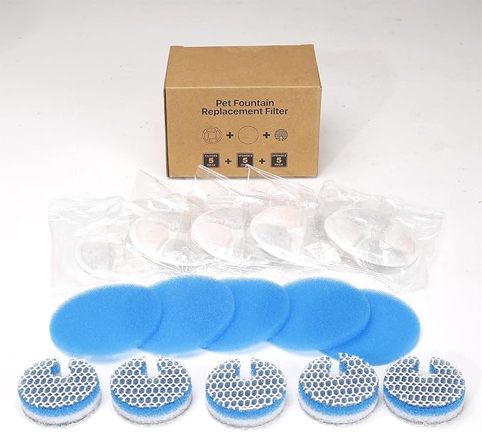 5 Set Cat Water Fountain Filter Replacement for Round 2L/67oz Stainless Steel Cat Fountain, ZEKIRY Pet Fountain Filter, Triple Filtration Replacement Filters(5 Filter, 5 Sponge, 5 8D Sponge)