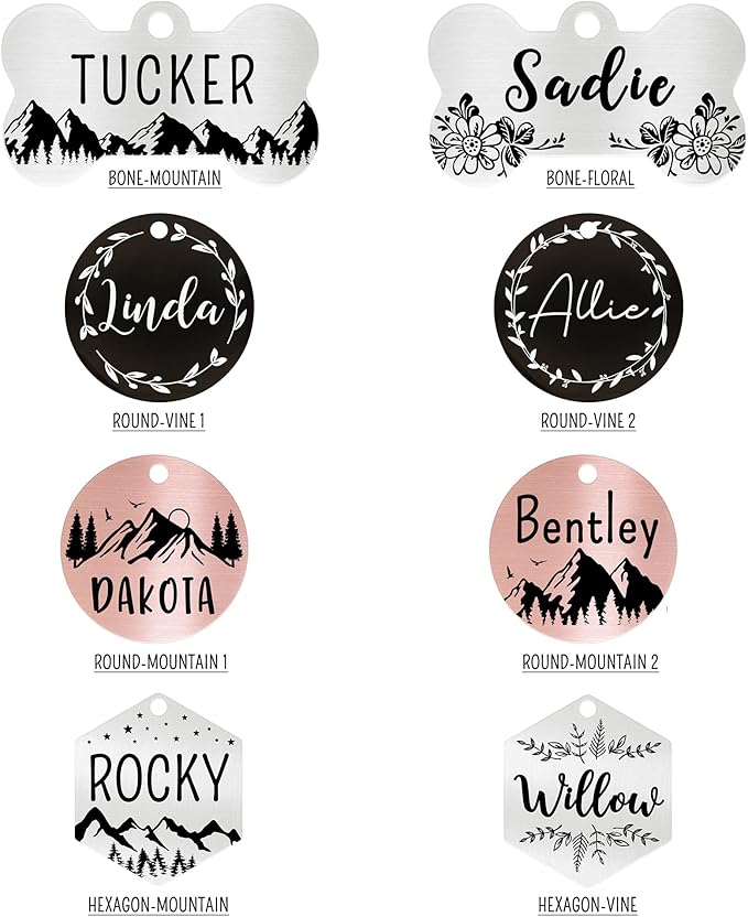 Ultra Joys Stainless Steel Pet ID Tags - Personalized Front and Back Engraving, Customized Dog and Cat Tags, Optional Engraved on Both Sides, Round Mountain on Bottom, Silver Small