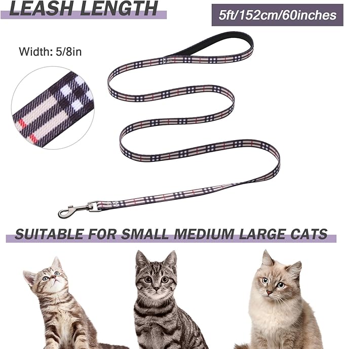 Hikiko Cat Harness and Leash Set Escape Proof Adjustable Walking Travel Soft Kitten Harness for Small Medium Large Cats (Khaki Plaid, M)