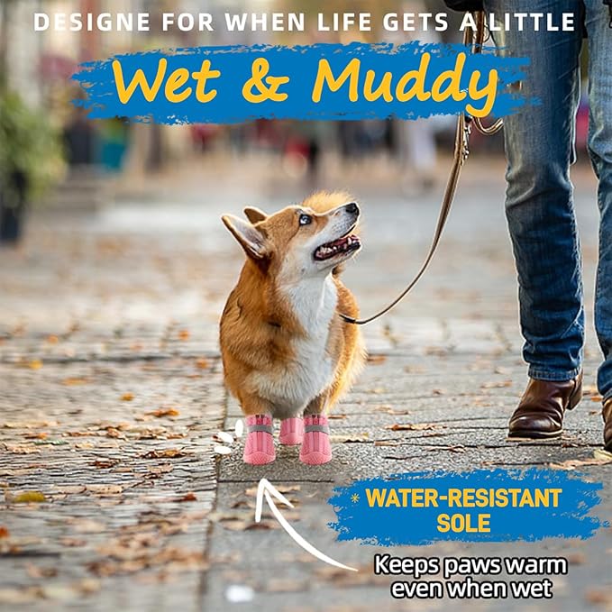 Dog Shoes for Small Dogs, Waterproof Dog Boots Paw Protector for Hot Pavement Winter Snow, Dog Booties with Reflective Strips Rugged Anti-Slip Sole for Hardwood Floors Outdoor Walking Pink Size 3