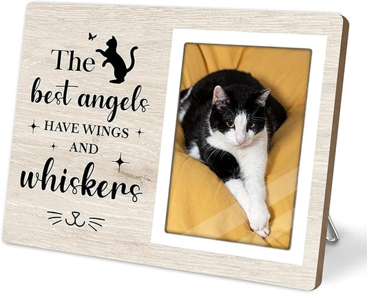 Cat Picture Frame, Cat Memorial Wooden Photo Frame, Pet Remembrance Gift, Sympathy Gift for Pet Owner, Cat Memorial Gifts for Loss of Cat, The Best Angels Have Wings and Whiskers (Beige, 4 x 6 Photo)