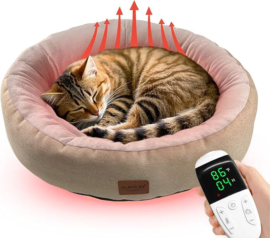 CLAYCLAY Heated Cat Bed for Indoor Cats - 20" Cozy Washable With Timer & Temperature Adjustable, Non-Slip Bottom, Removable, Pet Heating Pad With Waterproof