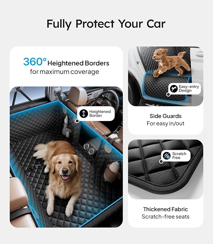 Wigoo Dog Car Seat Cover for Back Seat, 450lbs Full Hardbottom Dog Hammock, Heavy Duty Waterproof Car Bed Extender for 2-3 Medium Dogs, Backseat Protector for Sedan/Medium-Truck, Size-L, Black+Orange