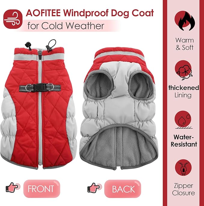 AOFITEE Dog Coat, Warm Dog Winter Coat for Large Dogs, Reflective Turtleneck Dogs Jacket with Harness Built in, Waterproof Windproof Pet Puffer Jacket Fleece Vest for Cold Weather, Christmas Red