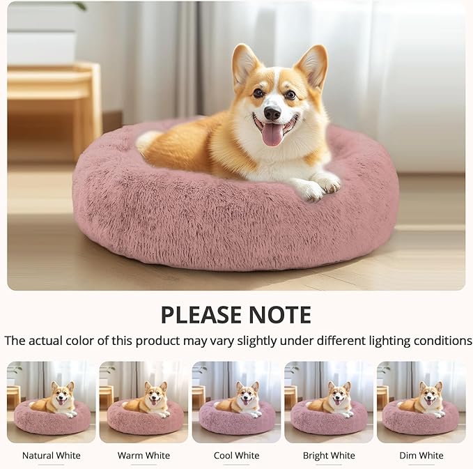 JOLLYVOGUE Calming Dog & Cat Bed for Small Dogs, Anti-Anxiety Donut Cuddler Cozy Soft Round Bed with Anti-Slip Bottom, Fluffy Faux Fur Plush Cushion Beds for Small Medium Pets (20")