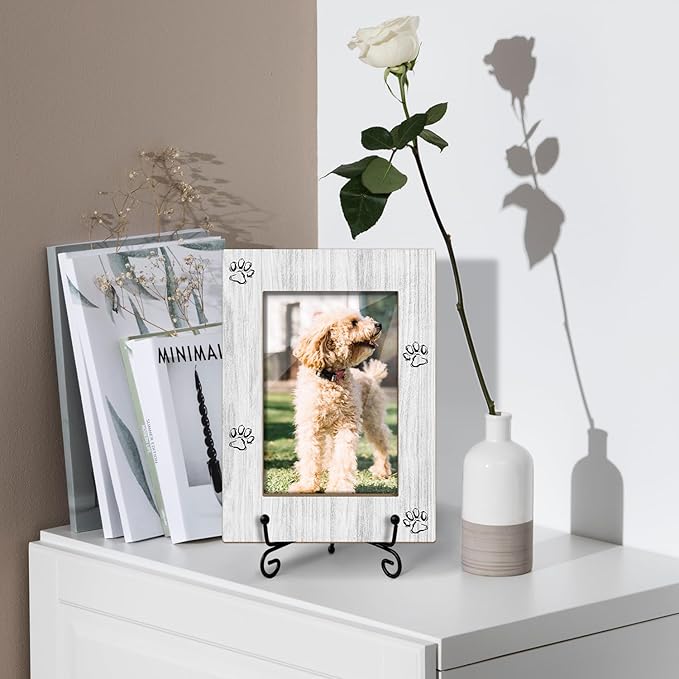 Pet Picture Frame, Paw Print Photo Frame for Dog Cat, Gifts for Pet Lover Pet Owner Wooden Picture Frame, 4"x6" Photo Frame for Tabletop Display, Home Office Desk Decor Shelf Display/XK59