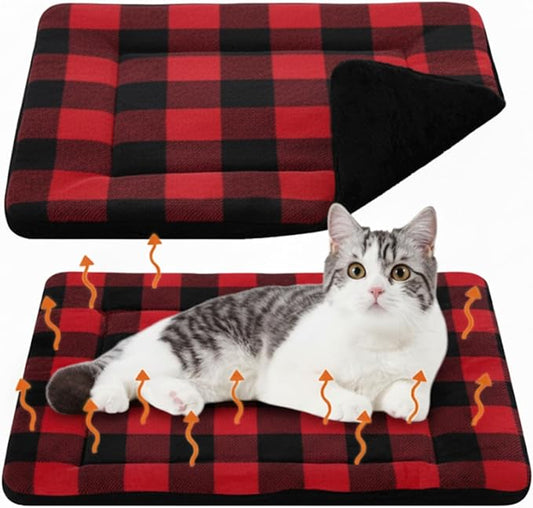 VitalCozy 2 Pack Self Warming Cat Mat Self Heating Pad Bed Reversible Machine Washable Reflects Body Heat Warm Thermal Pet Pad Crate Blanket for Feral and Indoor Cat (Black, Red,22'' X 18'',Plaid)