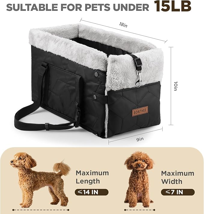 Center Console Dog Car Seat for Small Dogs,PU Leather Small Dog Car Booster Seat,Washable Foldable with Safe Protection Hooks Adjustable Straps and Storage Pocket Pet Up to 15lbs-Black