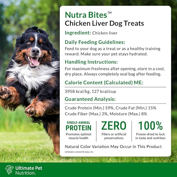 ULTIMATE PET NUTRITION Nutra Bites Freeze Dried Raw Single Ingredient Training Treats Food Topper for Dogs, 4 Ounces, Chicken Liver