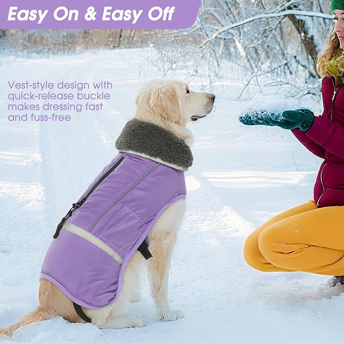 QBLEEV Warm Dog Coat Reflective Winter Jacket, Waterproof Windproof Dog Turtleneck Clothes for Cold Weather, Thicken Fleece Lining Pet Outfit, Adjustable Pet Vest Apparel for Small Medium Large Dogs