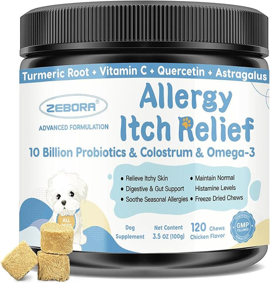 Dog Allergy Relief Chews, with Probiotics, Omega 3, Colostrum - Dog Itching Skin & Ears Relief, Herbal Skin & Coat Supplement, Gut & Immune Support, Hot Spot Treatment, Anti Seasonal Allergies