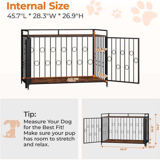 Furniture Style Dog Crate with Table Top, 48 Inch Heavy Duty Chew Proof Kennel for Large Dogs, Waterproof Wooden Finish Indoor Metal Pet Home