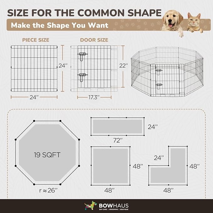 Foldable Outdoor/Indoor Pet Playpen with Gate, Available in 24 Inch Height Metal Portable Kennel, Heavy-Duty Exercise Fence Cage 8 Panels for Small Dog, Animals