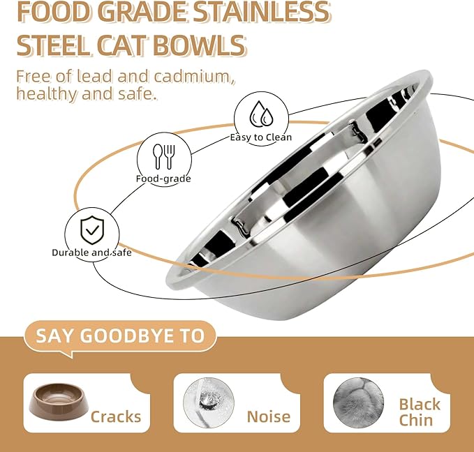 Elevated Cat Bowl, Raised Cat Food and Water Bowl Set for Indoor Cats, Splash Proof with 2 Stainless Steel Pet Food Bowls for Cats and Puppies, Whisker Fatigue and Dishwasher Safe - White