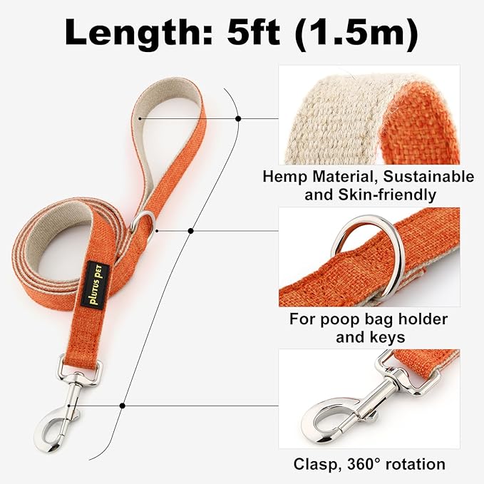 Plutus Pet Cotton Hemp Dog Collar and Leash Set, Adjustable Collar for Small, Medium, and Large Dogs, Heavy Duty and Soft on Skin, Orange, M
