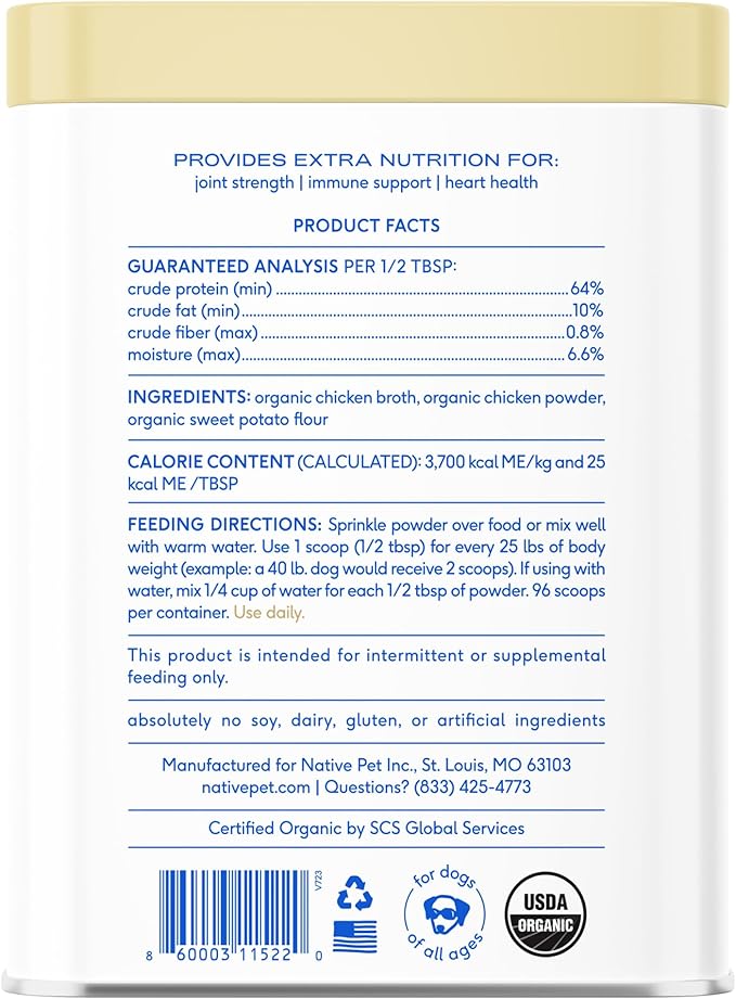 Native Pet Bone Broth for Dogs and Cats - Chicken Bone Broth Powder Dog Food Toppers for Picky Eaters - Provides Extra Nutrition for Joint Strength, Immune Support & Heart Health - 96 Scoops
