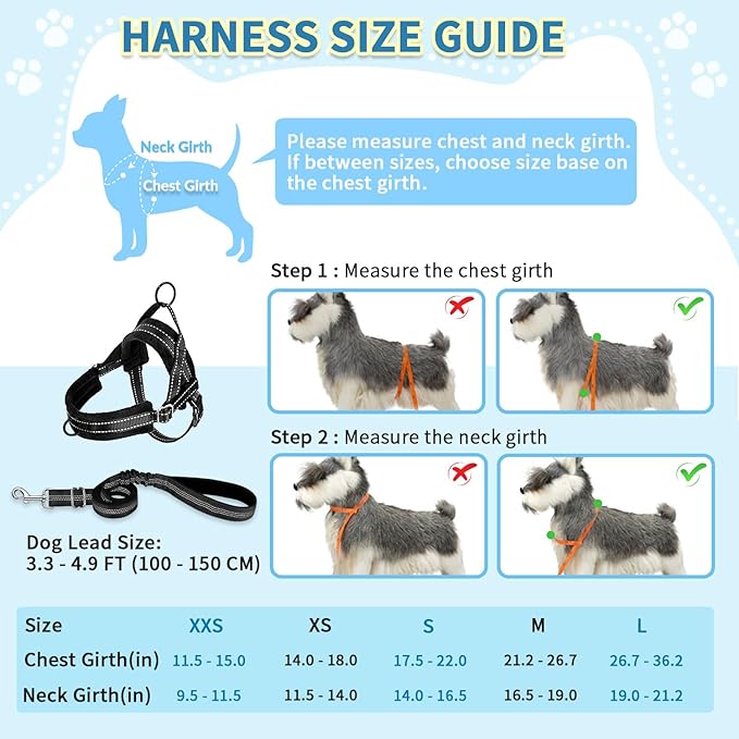 SlowTon No Pull Small Dog Harness and Leash Set, Puppy Soft Vest Harness Neck & Chest Adjustable, Reflective Lightweight Harness & Anti-Twist Pet Lead Combo for Small Medium Dogs (Black, XXS)