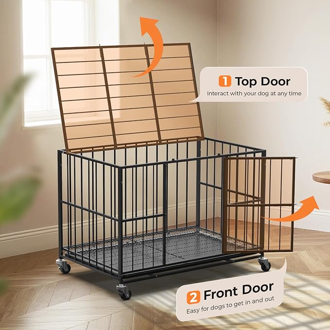 42 in Heavy Duty Dog Crate Steel Escape Proof, Indoor Double Doors and Lockable Wheels,Removable Tray, for Medium and Large Large Dog Breeds,XL