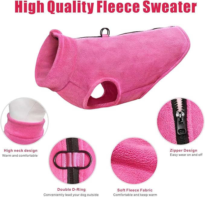 Idepet Dog Fleece Vest Sweater Zip Up Warm Pullover Dogs Jacket with D-Ring Leash Winter Cold Weater Coat Pet Sweatershirt Clothes Hoodie for Small Medium Dogs Boy Girl (Rose Red, XXS)