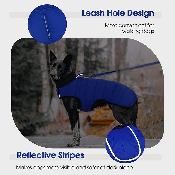 IDOMIK Dog Winter Coat, Warm Waterproof Dog Puffer Jacket with Harness Hole, Adjustable Reflective Snow Jacket Vest with Turtleneck, Pet Cold Weather Coats for Large Dogs,Blue,L