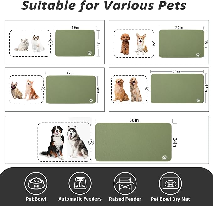 Pet Feeding Mat - Absorbent Dog Mat for Food and Water, No Stains Cat Bowl Mat, Easy to Clean Pet Placemats, Quick Dry Dog Water Dispenser Mat for Messy Drinkers | Paw Green 16"x 24"
