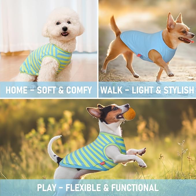 KYEESE 2Pack Dog Shirts Striped T Shirt Soft Tee for Small Dogs Cotton Tank Top Clothes Lightweight Sleeveless Dog Vest, X-Large,Blue+Striped