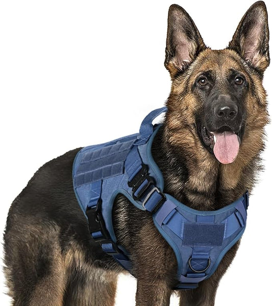 rabbitgoo Tactical Dog Harness for Large, Heavy Duty Pet Harness with Handle, No-Pull Service Vest Large Breed, Adjustable Military Dog Vest for Training Hunting Walking, Blue, L