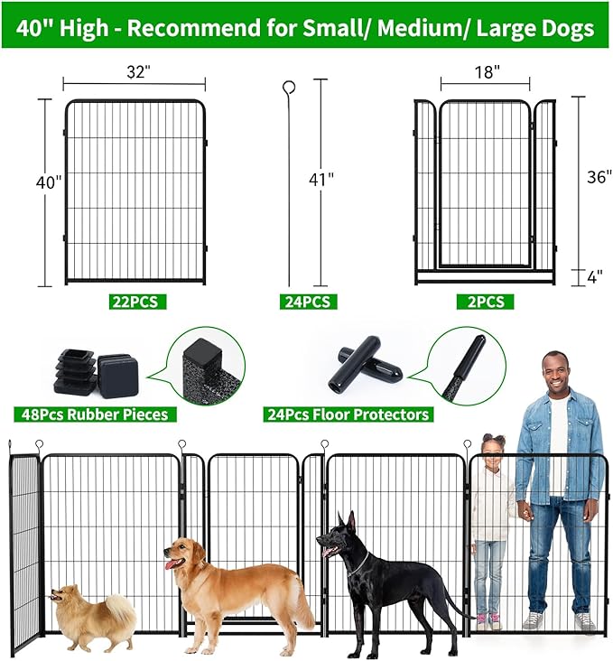 Dog Playpen Outdoor Extra Wide 24 Piece Panels Heavy Duty Dog Fence 40" Height Anti-Rust with Doors Portable for RV Camping Yard, Total 63FT, 316 Sq.ft, Snowy Black