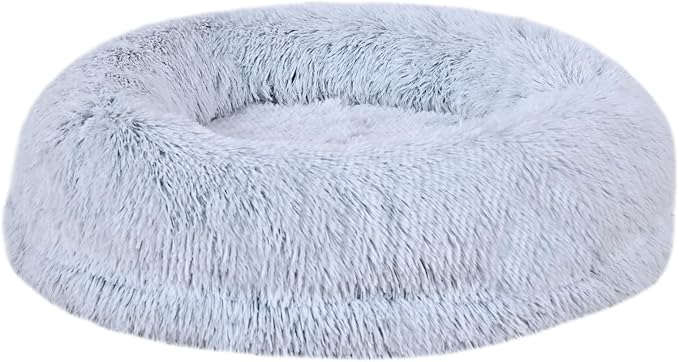 Calming Donut Pet Bed for Cats and Small Dogs, Washable Anti-Anxiety Round Bed with Non-Slip Bottom, [23.62 x 23.62 x 5.9 Inch] Plush Dog Cat Bed for Small Medium Pets (Gray)