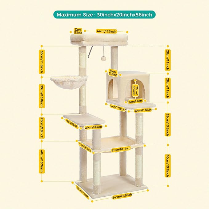 PAWZ Road Cat Tree, 56 Inches Tower Condo with Large Top Perch & Hammock, Cat Tower with Scratching Posts for Indoor Cats，Beige