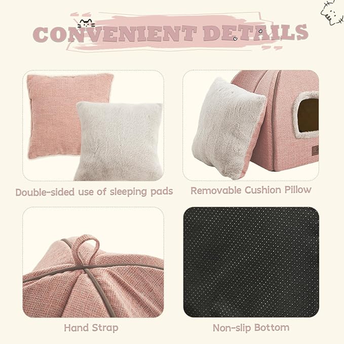 Cat Beds for Indoor Cats - Cat House Cats Tent with Removable Washable Cushioned Pillow, Soft and Self Kitten beds,Pet Bed((Large,Pink)