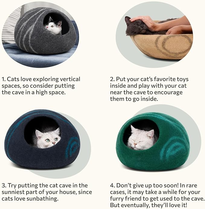 MEOWFIA Cat Cave – Premium Felt Cat Bed for Indoor Cats, Handmade 100% Merino Wool (Aquamarine, Large)