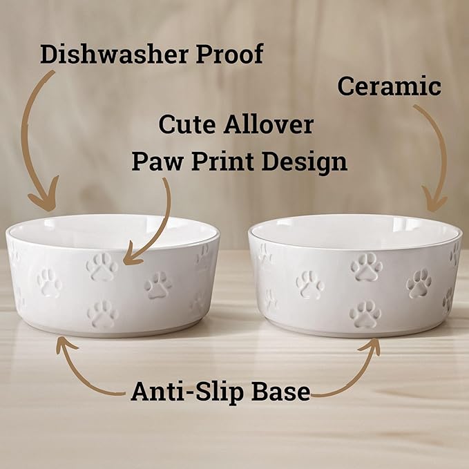 Ceramic Dog Bowl Set of 2 with Anti-Skid Base - 7.5" Wide x 3" Tall Ceramic Dog Bowls for Large Dogs - 6 Cup Capacity Food and Water Bowls for Dogs - Rubber Bottom Pet Bowl Set of 2 for Large Pets