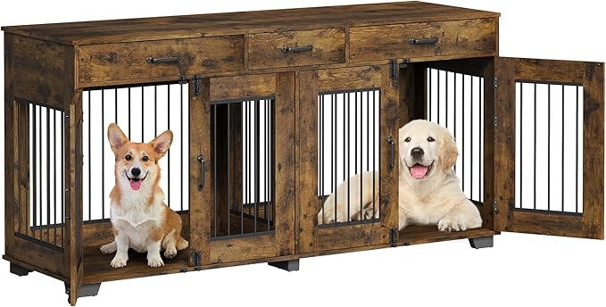 71'' Dog Crate Furniture, Wooden Indoor Dog Kennel for 2 Dogs with 3 Drawers and Removable Room Divider, XXL Double Dog Crate TV Stand End Table with Double Doors for Large Medium Dogs, Rustic Brown