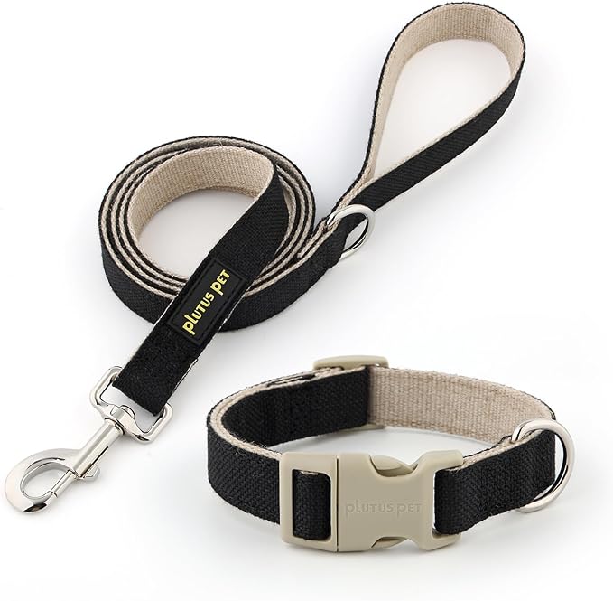 Plutus Pet Cotton Hemp Dog Collar and Leash Set, Adjustable Collar for Small, Medium, and Large Dogs, Heavy Duty and Soft on Skin, Black, XS