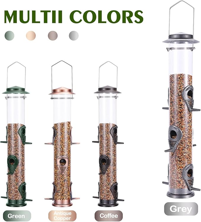 MIXXIDEA Metal Wild Bird Feeder, Squirrel Proof, Hanging 6 Port Tube Transparent Finch Feeder for Attracting Birds in Lawn, Garden, Balcony - Gray