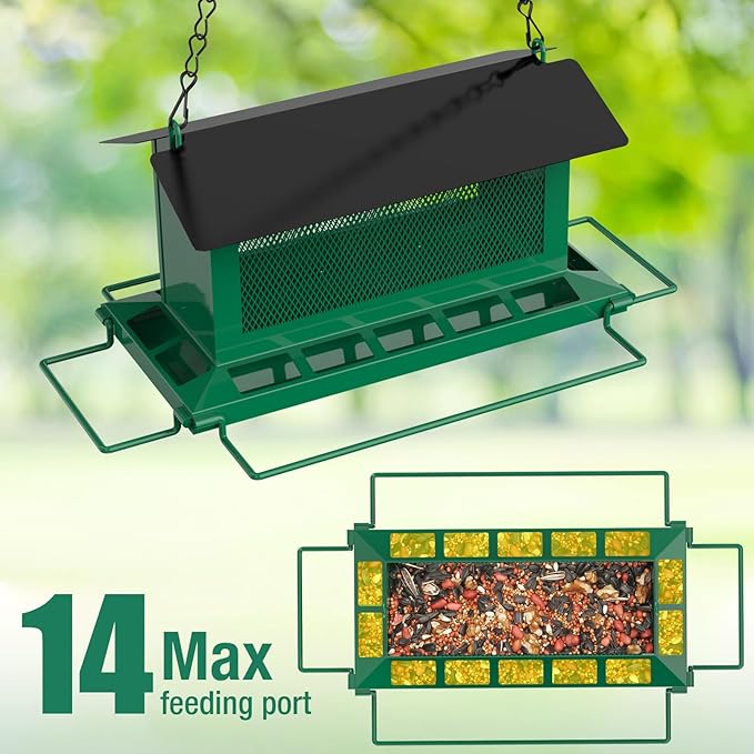 Bird Feeder for Outdoor Hanging, Large Squirrel Proof Birdfeeders with 14 Feeding Ports - Heavy Duty Metal Bird Feeders for Large Capacity Outside Hanging, Green