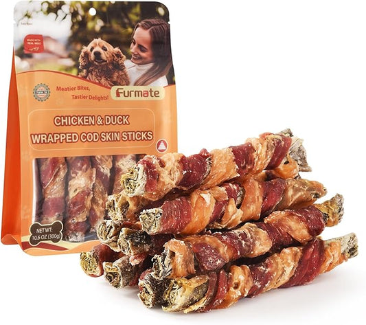 Dog Treats, Chicken Duck Wrapped Cod Skin Sticks for Dogs, Healthy Fish Dog Snacks Rich in Omega 3, Rawhide-Free Long Lasting Dog Jerky Traning Treats for Small Medium Large Breeds,10.58 oz