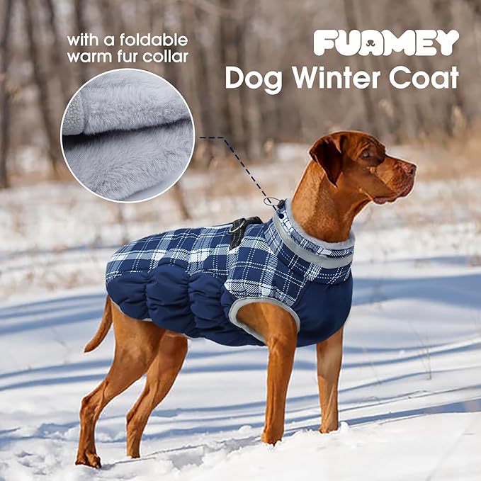 FUAMEY Dog Coat for Large Dogs,Waterproof Dog Winter Jacket with Harness Built in Puppy Cold Weather Coats Reflective Pet Vest with Zipper Warm Fleece Dogs Snowsuit Windproof Blue Plaid XL